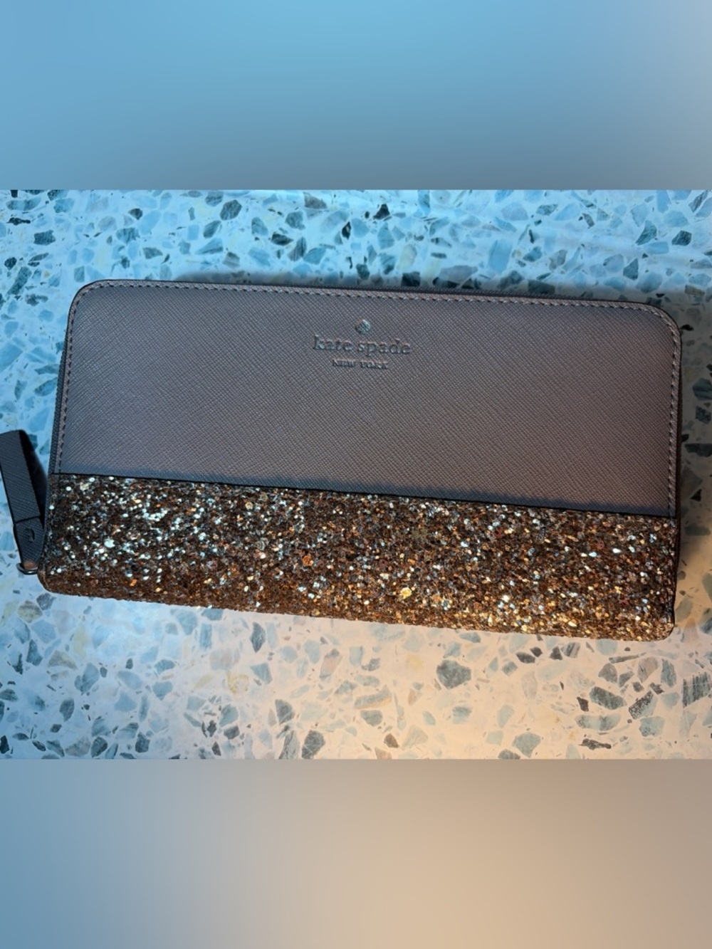 Kate Spade Glitter Zip Around Wallet Taupe Brown Leather Wristlet Clutch - Picture 2 of 6